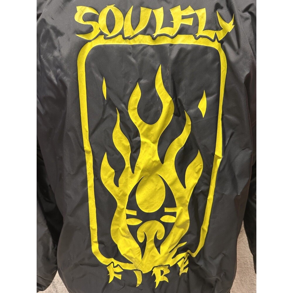 Vintage y2k windbreaker Jacket SOULFLY FIRE Flames Black Snap Nylon 2XL - Picture 6 of 10
